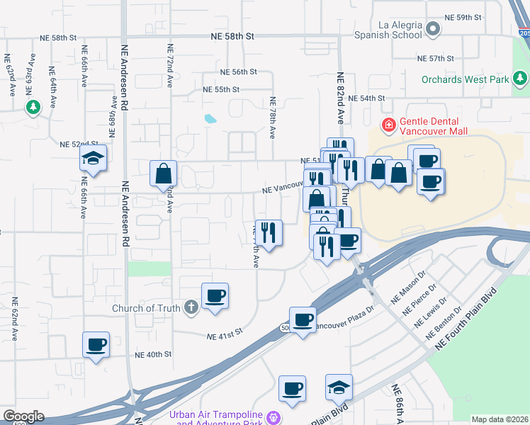 map of restaurants, bars, coffee shops, grocery stores, and more near 4701 Northeast 77th Avenue in Vancouver