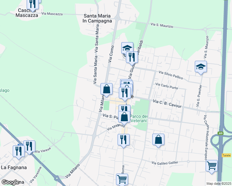 map of restaurants, bars, coffee shops, grocery stores, and more near 23 Via Ugo Foscolo in Turate