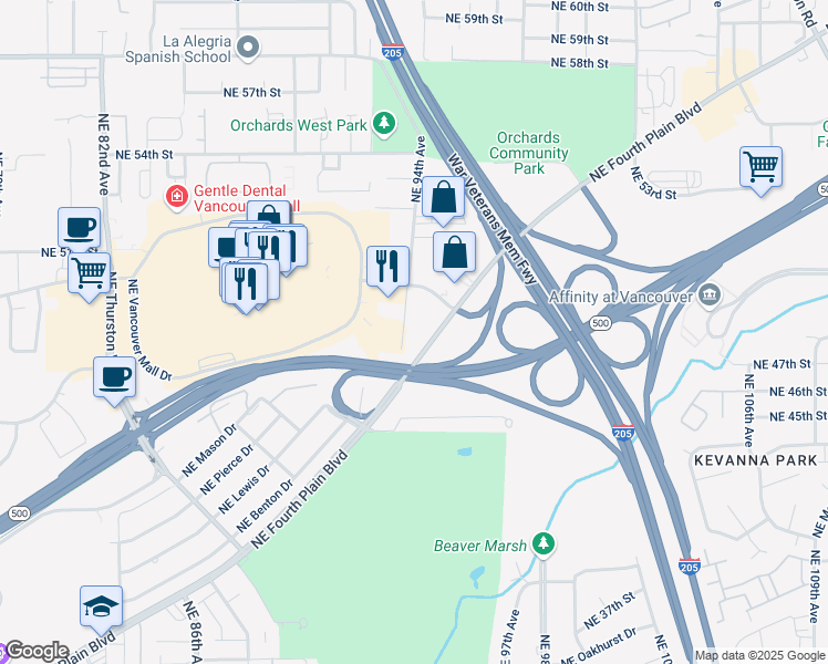 map of restaurants, bars, coffee shops, grocery stores, and more near 4801 Northeast 94th Avenue in Vancouver