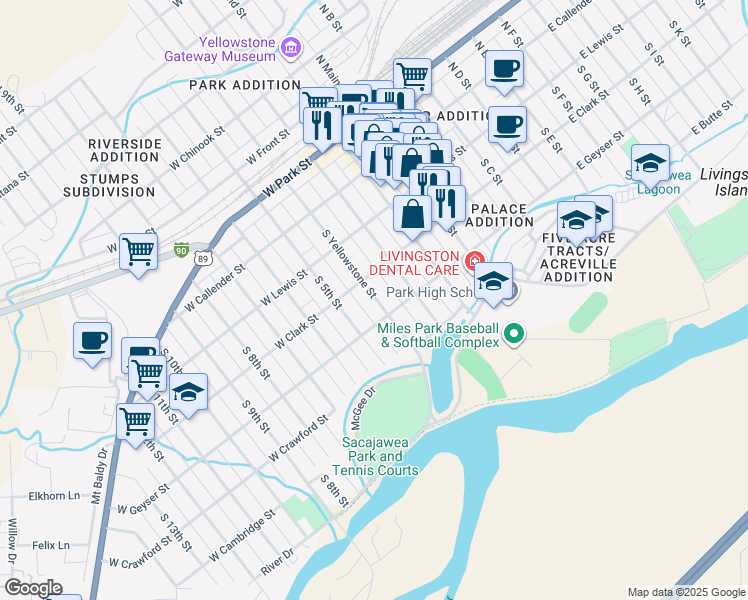 map of restaurants, bars, coffee shops, grocery stores, and more near 309 South Yellowstone Street in Livingston
