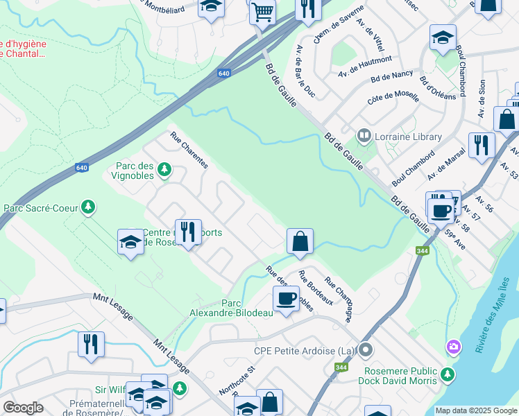 map of restaurants, bars, coffee shops, grocery stores, and more near 632 Rue du Cote du Rhone in Rosemère