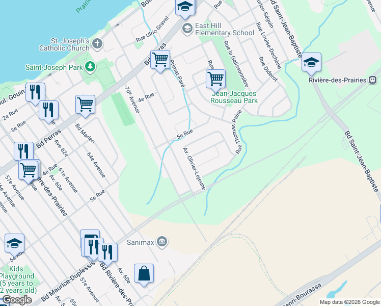 map of restaurants, bars, coffee shops, grocery stores, and more near 12089 Rue Olivier-Lejeune in Montréal