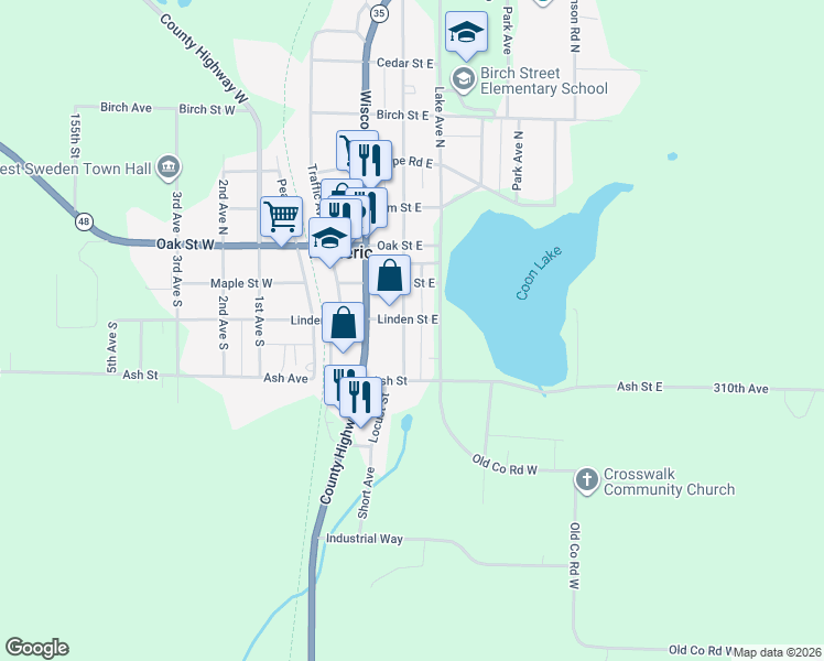 map of restaurants, bars, coffee shops, grocery stores, and more near 303 Polk Avenue North in Frederic