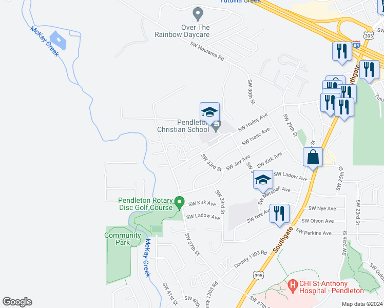 map of restaurants, bars, coffee shops, grocery stores, and more near 3249 Southwest Hailey Avenue in Pendleton