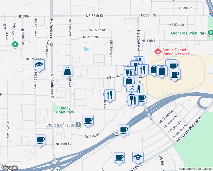 map of restaurants, bars, coffee shops, grocery stores, and more near 4701 Northeast 77th Avenue in Vancouver