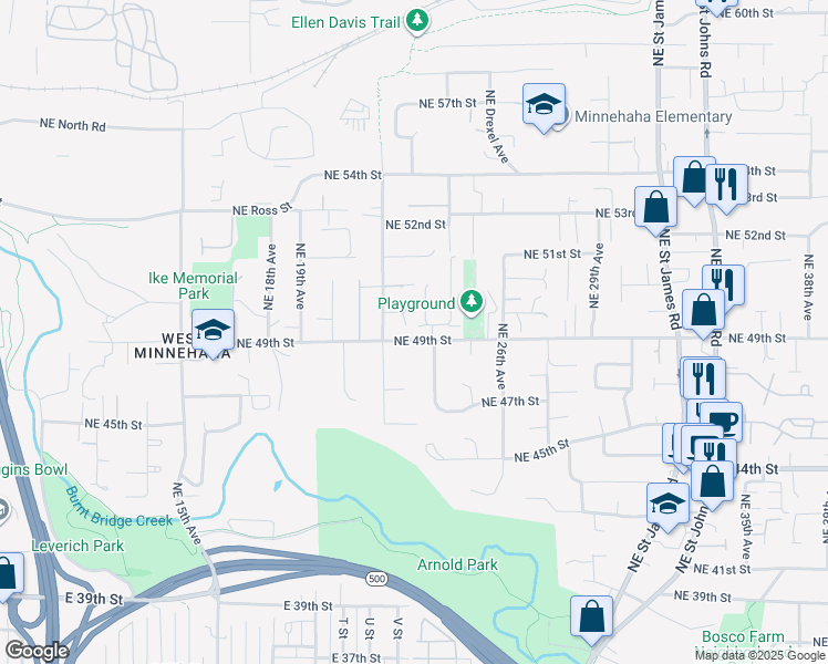 map of restaurants, bars, coffee shops, grocery stores, and more near 2249 Northeast 50th Circle in Vancouver