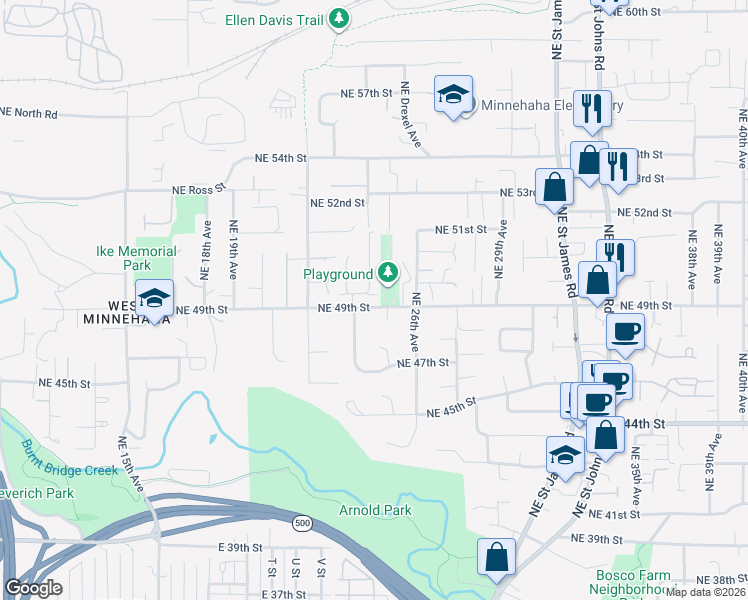 map of restaurants, bars, coffee shops, grocery stores, and more near 2416 Northeast 49th Street in Vancouver