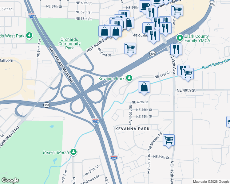 map of restaurants, bars, coffee shops, grocery stores, and more near 10500 Northeast 51st Circle in Vancouver