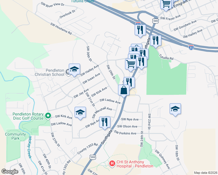 map of restaurants, bars, coffee shops, grocery stores, and more near 1008 Southwest 30th Street in Pendleton