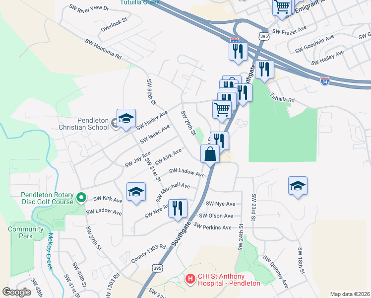 map of restaurants, bars, coffee shops, grocery stores, and more near 1008 Southwest 30th Street in Pendleton