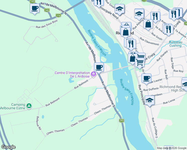 map of restaurants, bars, coffee shops, grocery stores, and more near 4 Rue Belmont in Richmond