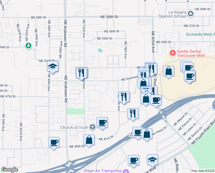 map of restaurants, bars, coffee shops, grocery stores, and more near 7509 Northeast Vancouver Mall Drive in Vancouver