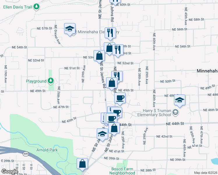 map of restaurants, bars, coffee shops, grocery stores, and more near 3306 Northeast 49th Street in Vancouver