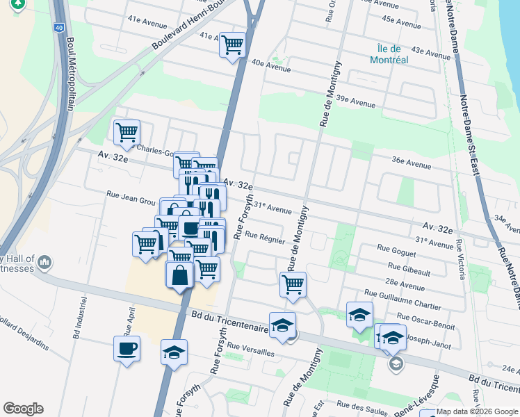 map of restaurants, bars, coffee shops, grocery stores, and more near 1926 31ᵉ Avenue in Montréal