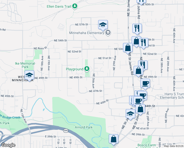 map of restaurants, bars, coffee shops, grocery stores, and more near 2604 Northeast 49th Street in Vancouver