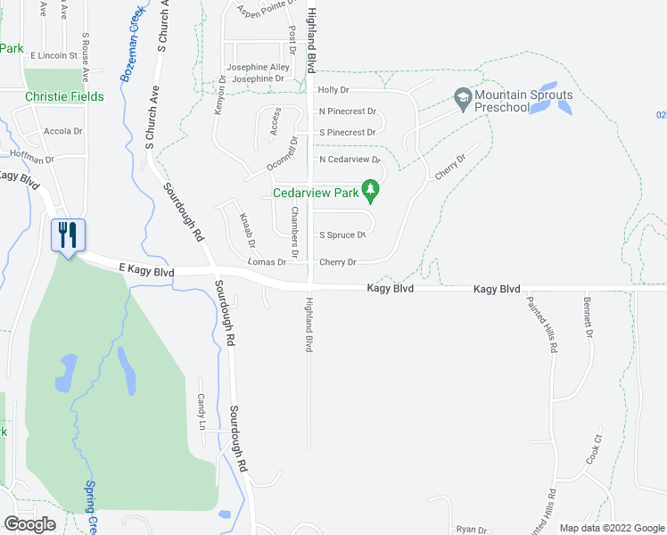 map of restaurants, bars, coffee shops, grocery stores, and more near 1122 Cherry Drive in Bozeman