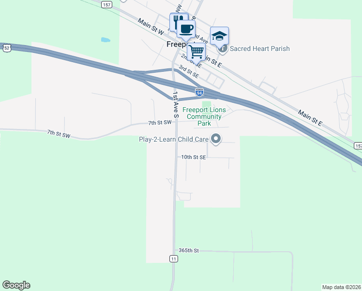 map of restaurants, bars, coffee shops, grocery stores, and more near 104 9th Street Southeast in Freeport
