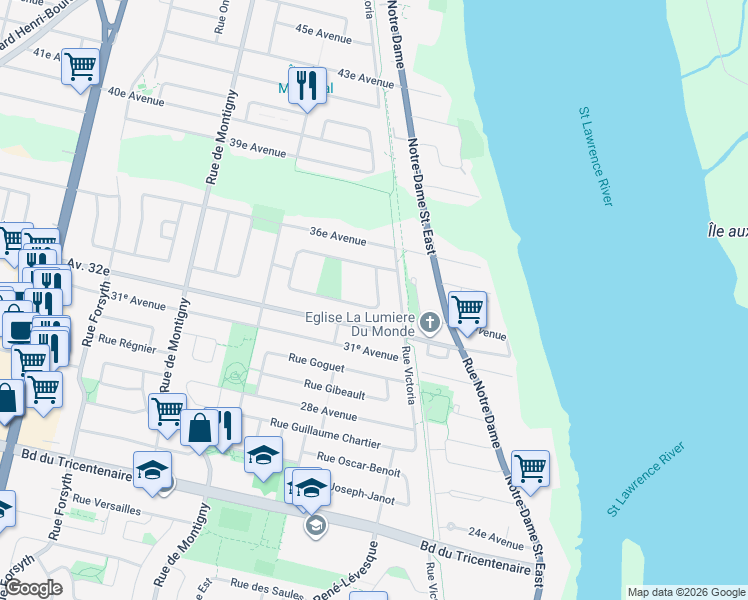 map of restaurants, bars, coffee shops, grocery stores, and more near 1150 Terrasse Jacques-Léonard in Montréal