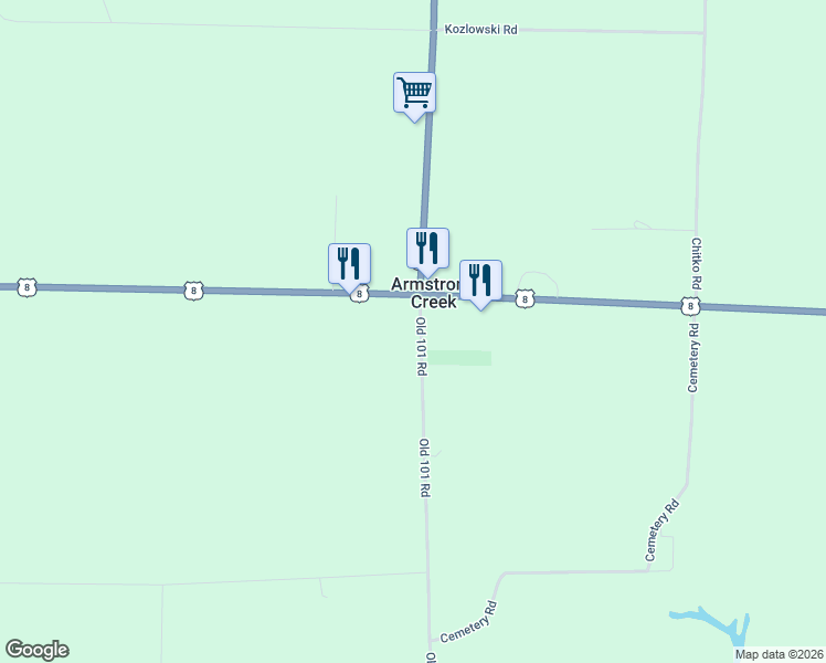 map of restaurants, bars, coffee shops, grocery stores, and more near 7885 Old 101 Road in Armstrong Creek