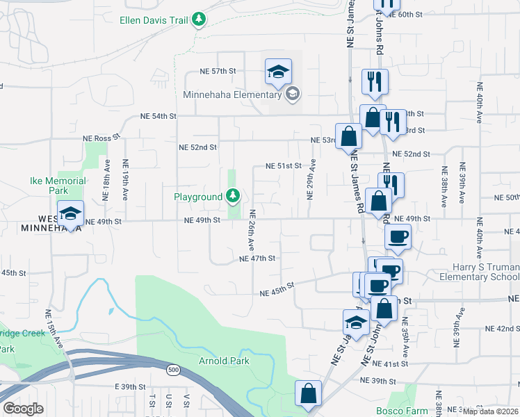map of restaurants, bars, coffee shops, grocery stores, and more near 2601 Northeast 50th Circle in Vancouver