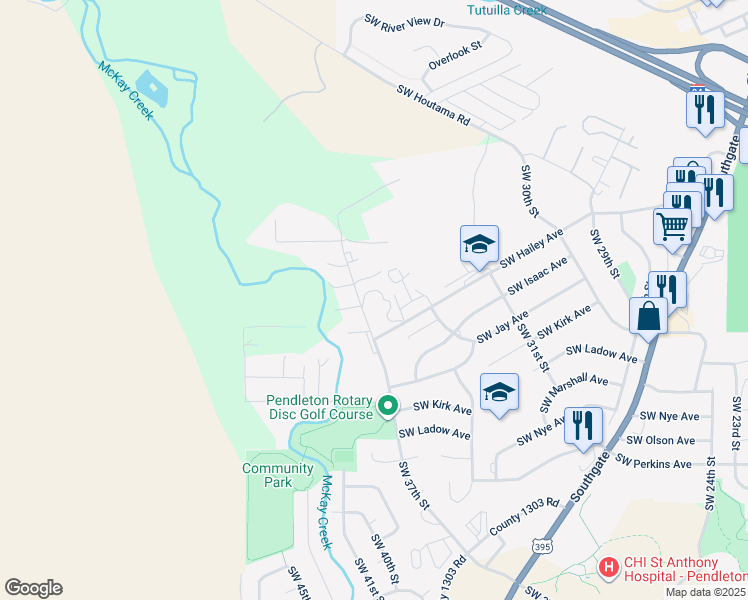 map of restaurants, bars, coffee shops, grocery stores, and more near 642 Southwest 37th Street in Pendleton