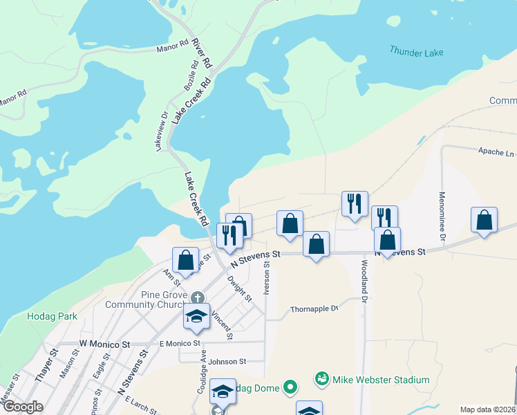 map of restaurants, bars, coffee shops, grocery stores, and more near 1 Edgewater Mobile Home Park in Rhinelander