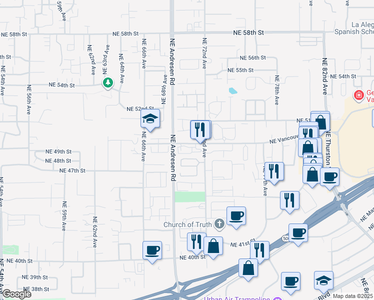 map of restaurants, bars, coffee shops, grocery stores, and more near 7017 Northeast Vancouver Mall Drive in Vancouver