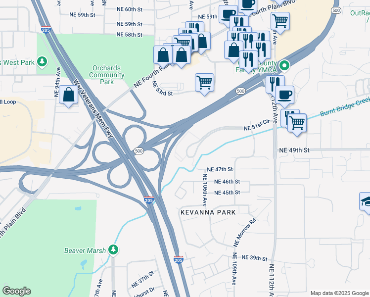 map of restaurants, bars, coffee shops, grocery stores, and more near 10500 Northeast 51st Circle in Vancouver