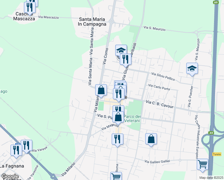 map of restaurants, bars, coffee shops, grocery stores, and more near 23 Via Ugo Foscolo in Turate