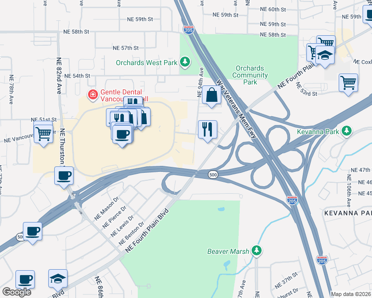map of restaurants, bars, coffee shops, grocery stores, and more near 4714 Northeast 94th Avenue in Vancouver