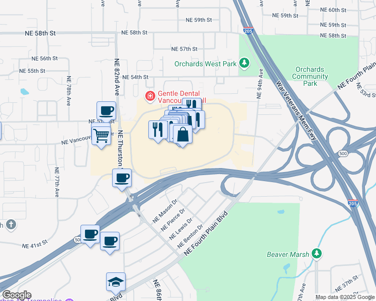 map of restaurants, bars, coffee shops, grocery stores, and more near 8800 Northeast Vancouver Mall Drive in Vancouver