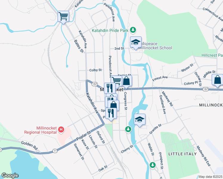 map of restaurants, bars, coffee shops, grocery stores, and more near in Millinocket