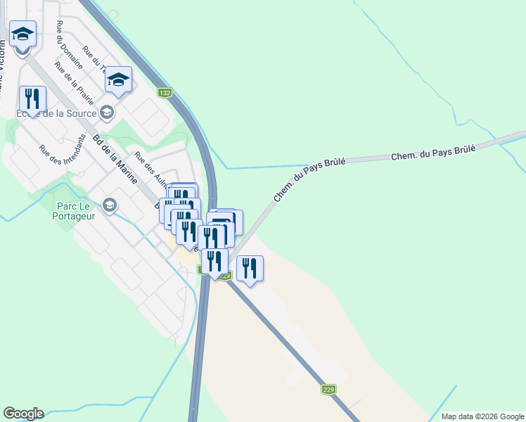 map of restaurants, bars, coffee shops, grocery stores, and more near 1586 Chemin du Pays Brûlé in Varennes