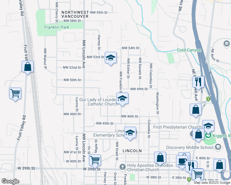 map of restaurants, bars, coffee shops, grocery stores, and more near 4900 Northwest Franklin Street in Vancouver