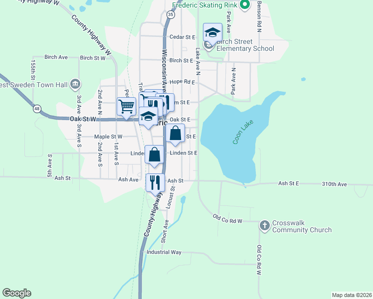 map of restaurants, bars, coffee shops, grocery stores, and more near 303 Polk Avenue North in Frederic