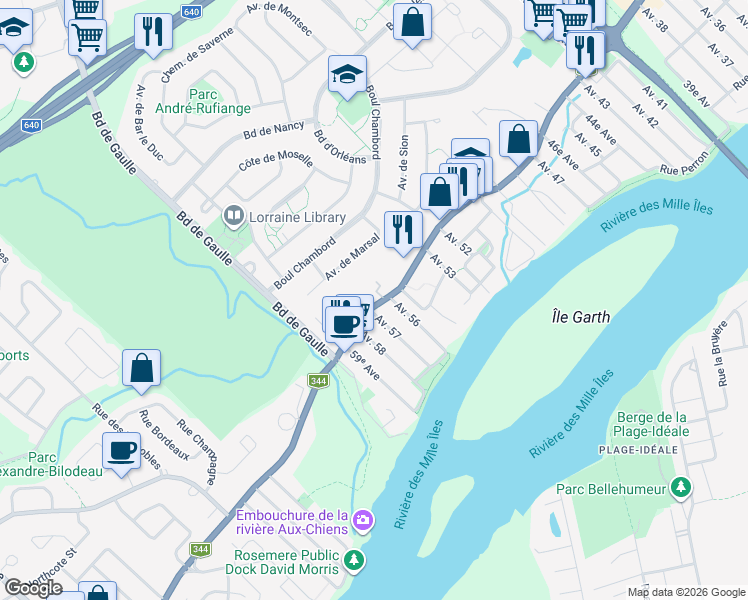 map of restaurants, bars, coffee shops, grocery stores, and more near 671 Boulevard Adolphe-Chapleau in Bois-des-Filion