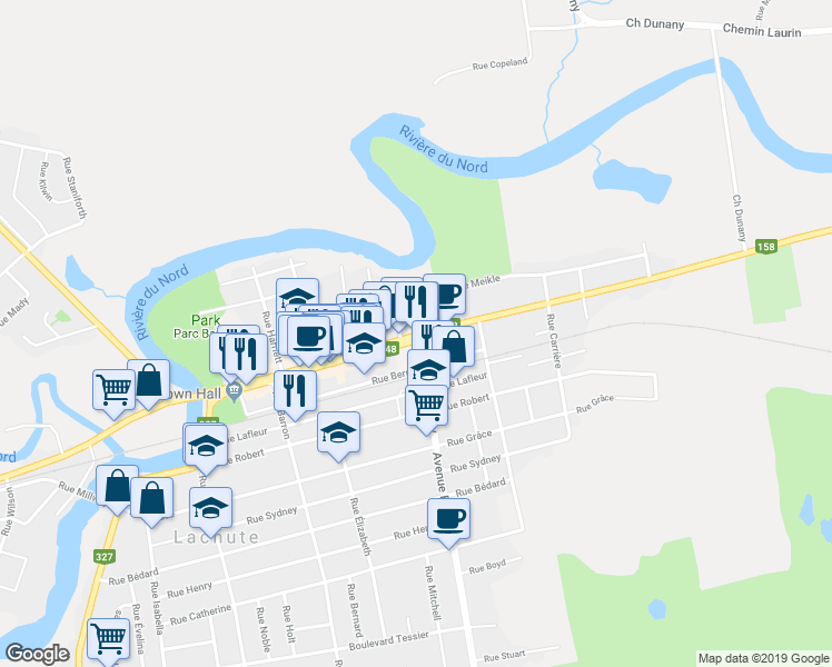 map of restaurants, bars, coffee shops, grocery stores, and more near 589 Rue Principale in Lachute