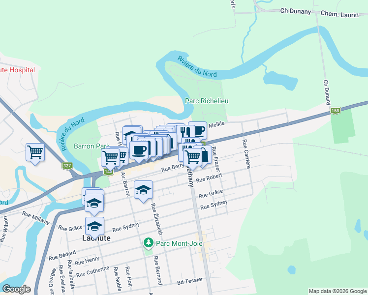 map of restaurants, bars, coffee shops, grocery stores, and more near 587 Rue Principale in Lachute