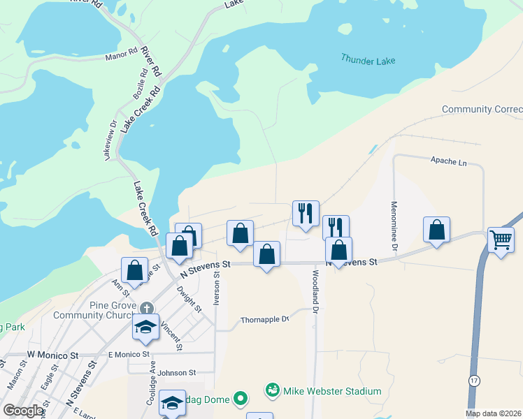 map of restaurants, bars, coffee shops, grocery stores, and more near 176 Edgewater Mobile Home Park in Rhinelander