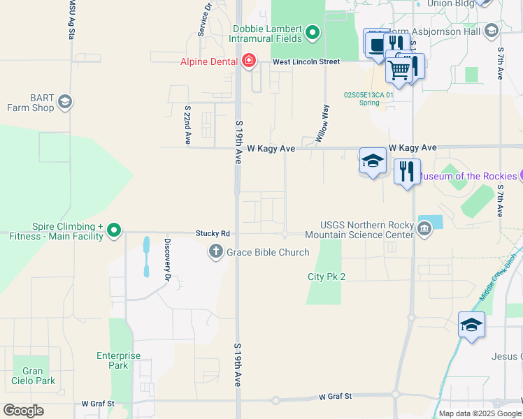 map of restaurants, bars, coffee shops, grocery stores, and more near 3396 South 19th Avenue in Bozeman