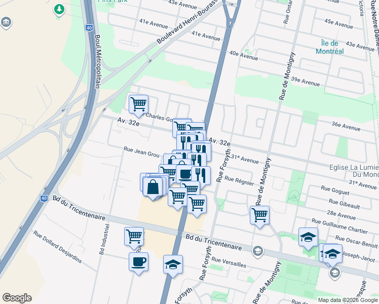 map of restaurants, bars, coffee shops, grocery stores, and more near 12905 Sherbrooke Street East in Montreal