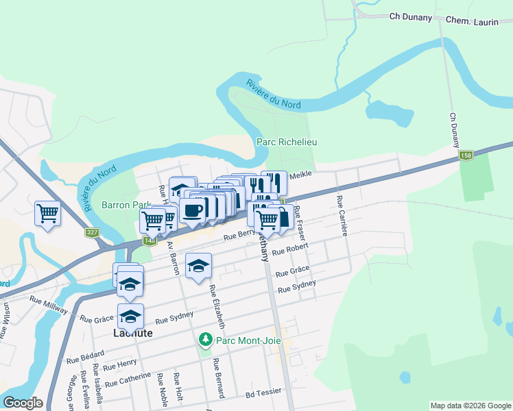 map of restaurants, bars, coffee shops, grocery stores, and more near 589 Rue Principale in Lachute