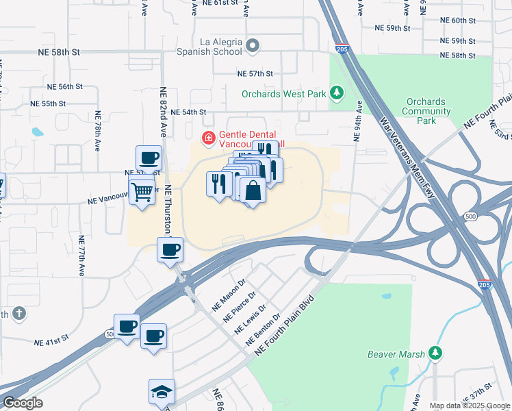 map of restaurants, bars, coffee shops, grocery stores, and more near 8800 Northeast Vancouver Mall Drive in Vancouver