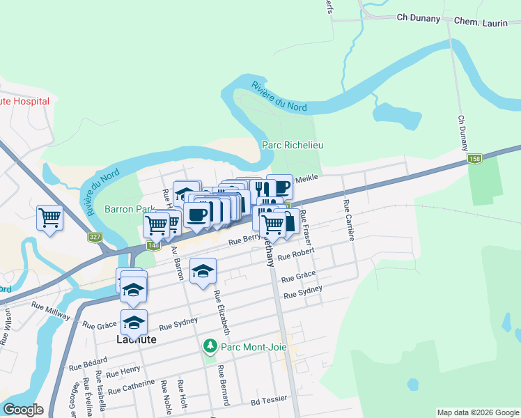 map of restaurants, bars, coffee shops, grocery stores, and more near 587 Rue Principale in Lachute