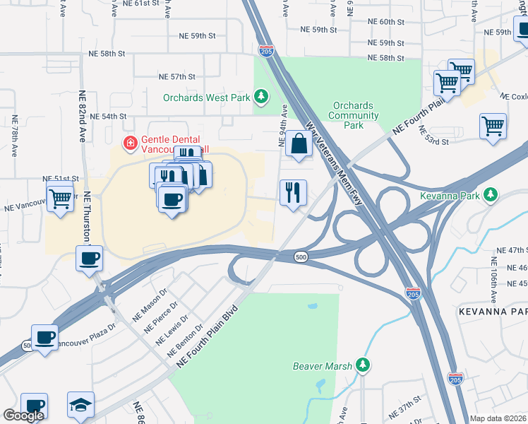 map of restaurants, bars, coffee shops, grocery stores, and more near 4902 Northeast 94th Avenue in Vancouver