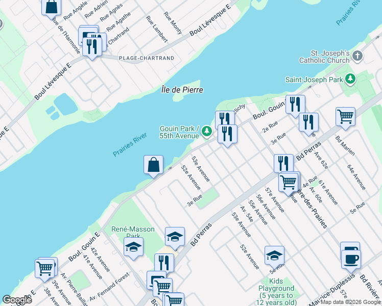 map of restaurants, bars, coffee shops, grocery stores, and more near Boulevard Gouin Est in Montréal