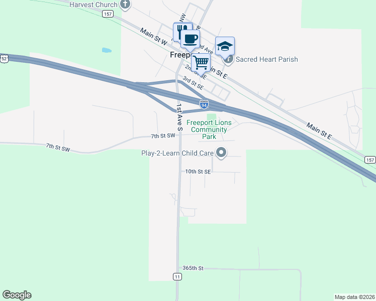 map of restaurants, bars, coffee shops, grocery stores, and more near 104 9th Street Southeast in Freeport