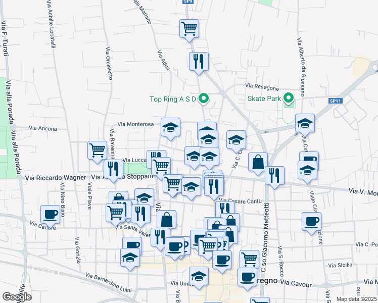 map of restaurants, bars, coffee shops, grocery stores, and more near Via Mercalli in Seregno