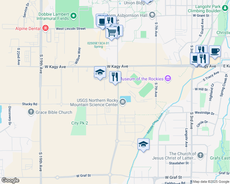 map of restaurants, bars, coffee shops, grocery stores, and more near 2119 South 11th Avenue in Bozeman