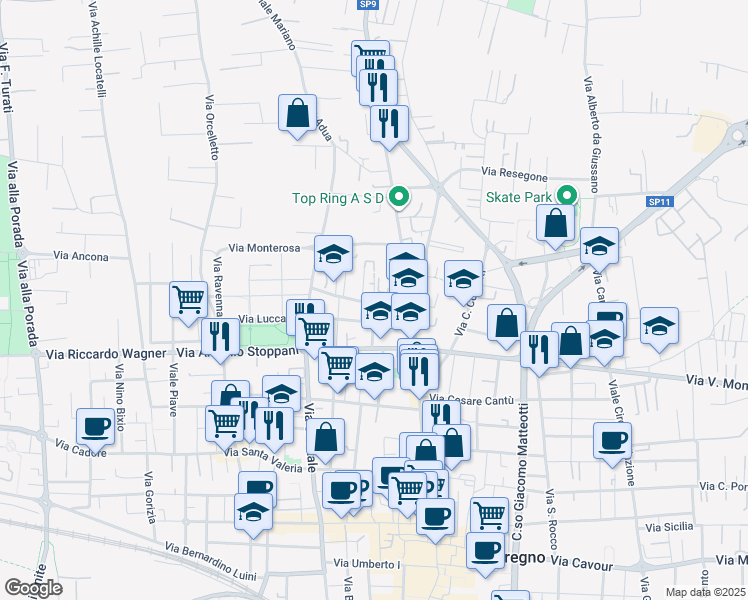 map of restaurants, bars, coffee shops, grocery stores, and more near Via Giuseppe Mercalli in Seregno